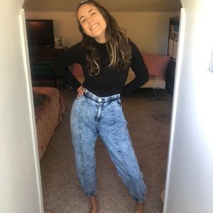 Acid Wash Elastic Waist Denim Pants